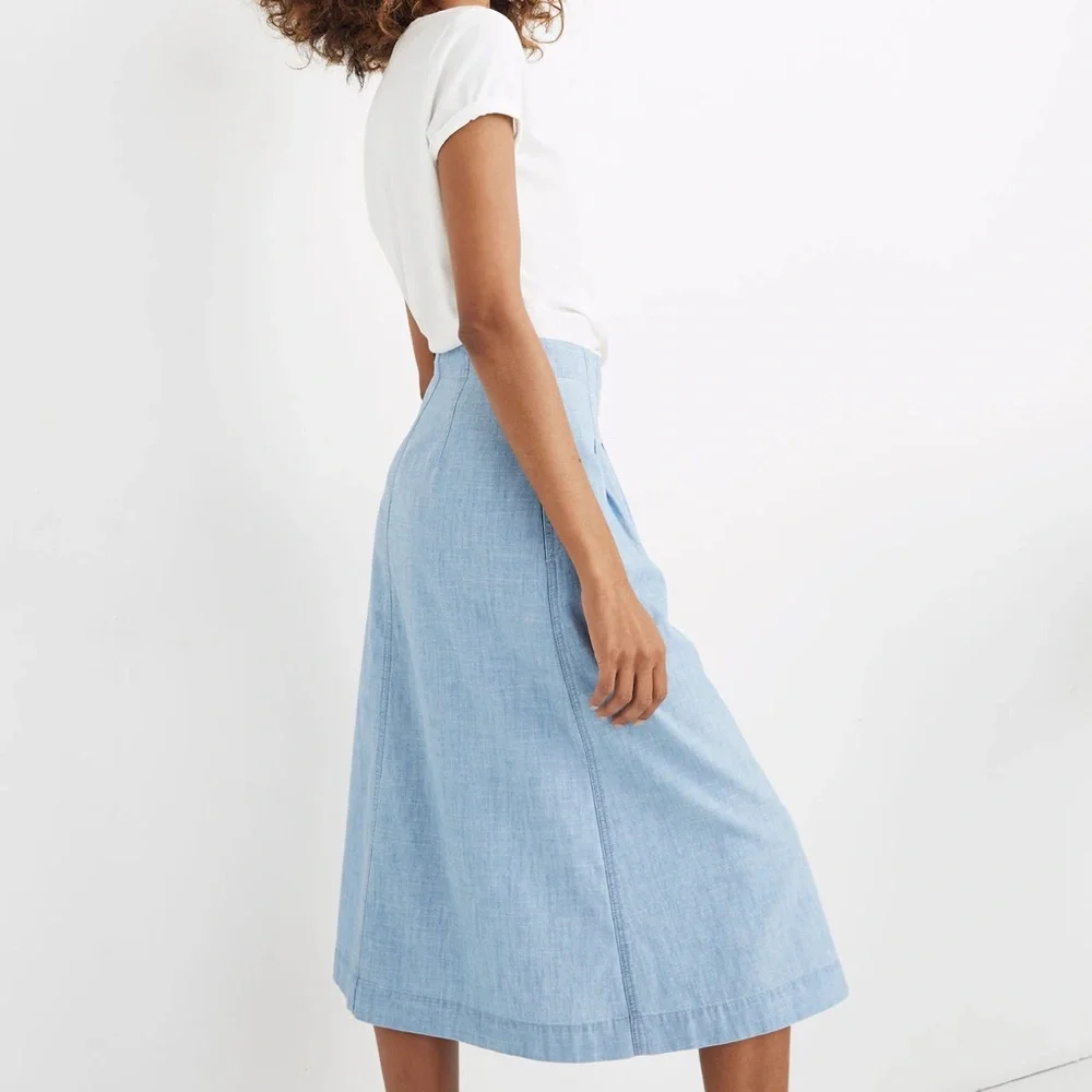 Madewell Midi Skirt Button Front Chic Patio Pockets Cotton Chambray Blue Size 10 - Picture 7 of 12